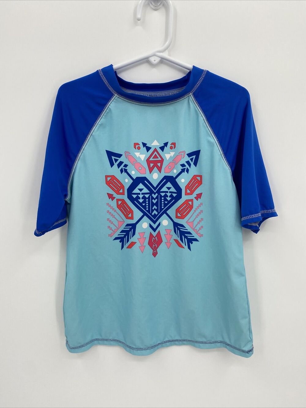 Wonder Nation Girls Stretch Crew Neck Short Sleeve Rash Guard Shirt Blue Size M